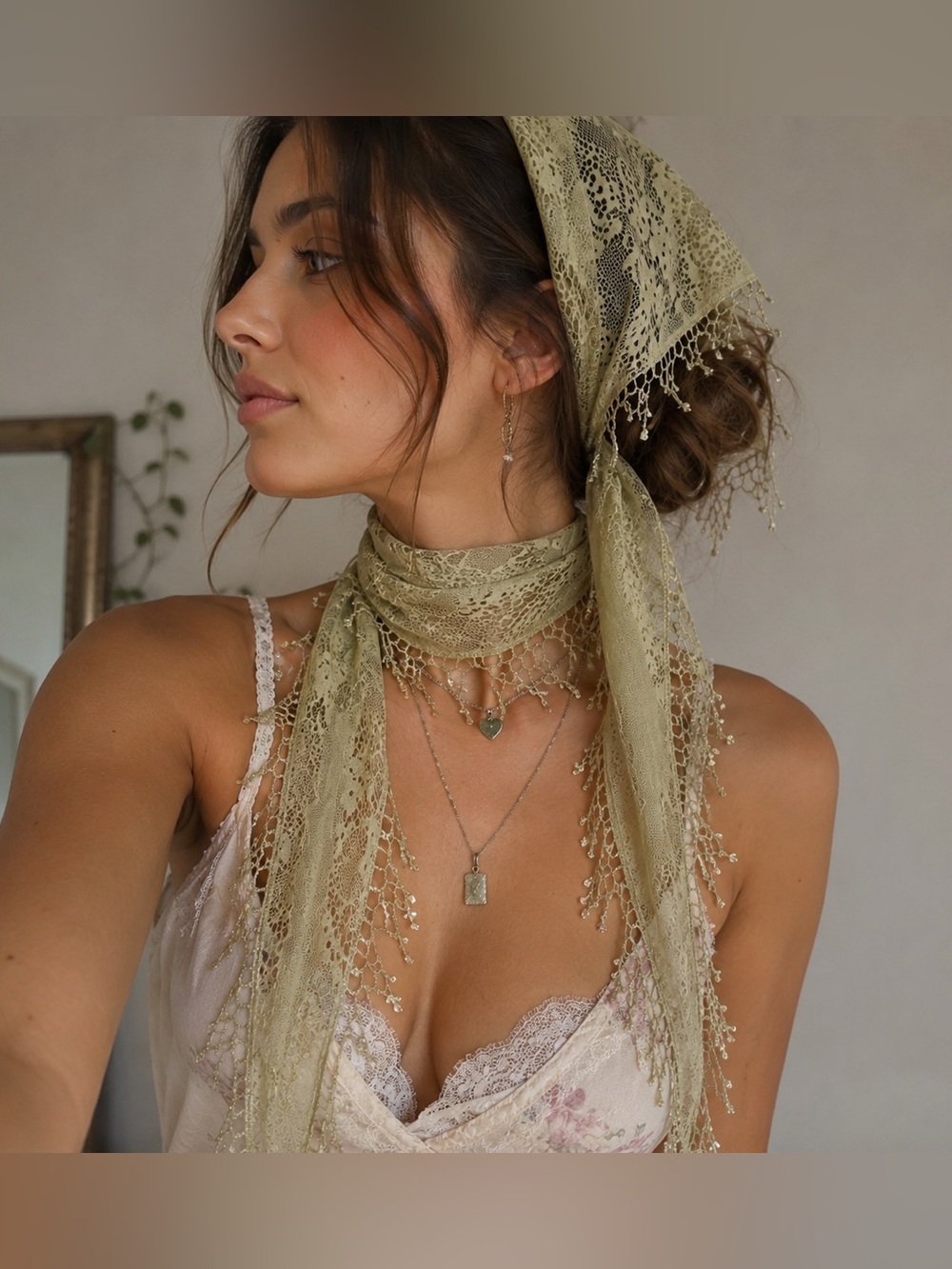 Y2K Lace Mesh Scarf cream Beaded Fringe Fairycore Boho Coquette